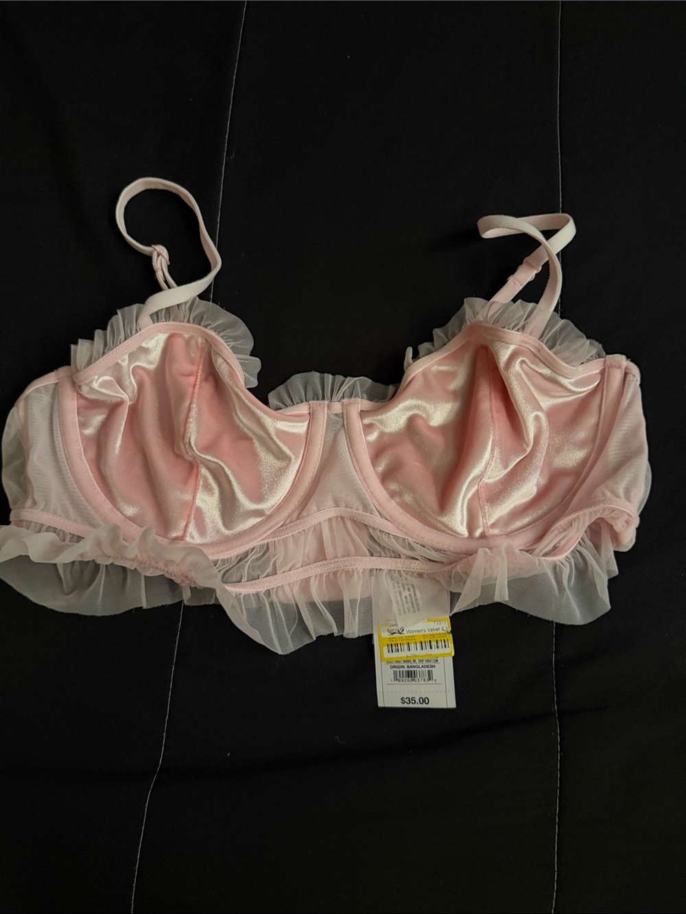 Auden Pink Satin Balconette Bra with Sheer Ruffle Trim